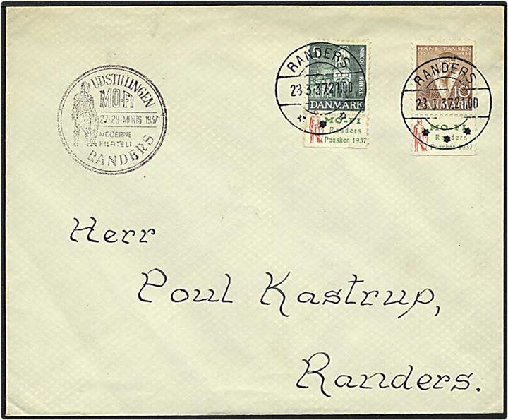 5 øre grøn og 10 øre brun Hans Tavsen udstillingsmærker på lokalt brev fra Randers d. 28.3.1937. 