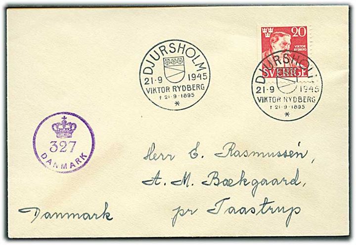 20 öre Ryberg på FDC fra Djursholm d. 21.9.1945 til Taastrup, Danmark. Dansk efterkrigscensur (krone)/327/Danmark.
