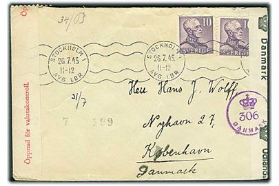 10 öre Gustaf (2) på brev fra Stockholm d. 26.7.1945 til København, Danmark. Åbnet af svensk valutakontrol og dansk efterkrigscensur (krone)/306/Danmark.