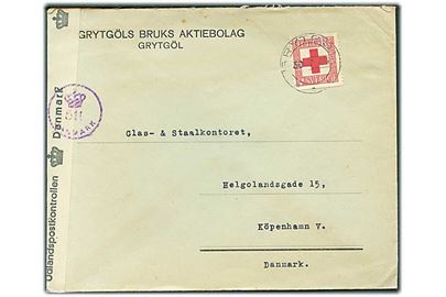 20 öre Røde Kors på brev fra Grytgöl d. 30.7.1945 til København, Danmark. Åbnet af dansk efterkrigscensur (krone)/511/Danmark.