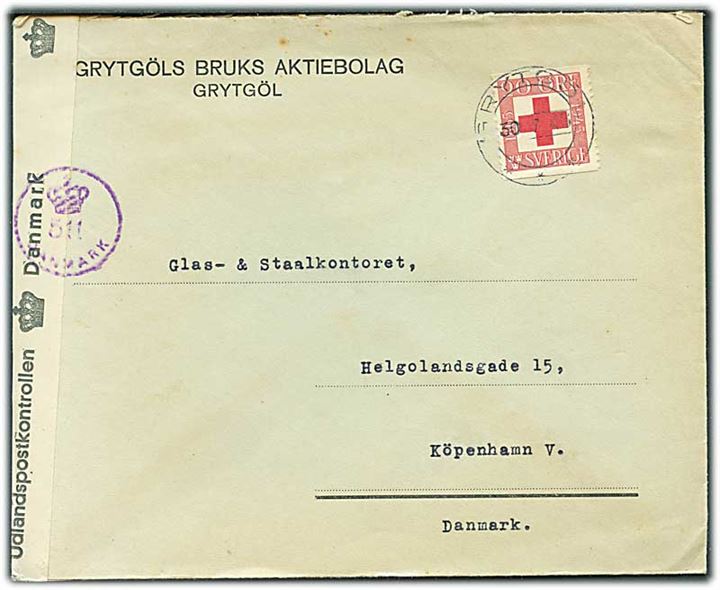 20 öre Røde Kors på brev fra Grytgöl d. 30.7.1945 til København, Danmark. Åbnet af dansk efterkrigscensur (krone)/511/Danmark.