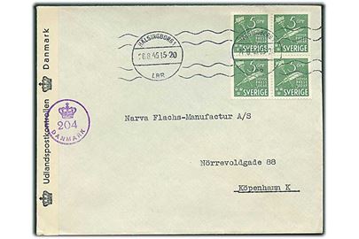 5 öre Svensk Press 300 år i fireblok på brev fra Hälsingborg d. 26.6.1945 til København, Danmark. Åbnet af dansk efterkrigscensur (krone)/204/Danmark.