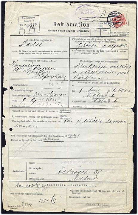10 öre Gustaf stemplet Malmö d. 18.4.1918 på Reklamations-blanket for bortkommet pakke med opkrævning. Folder og noget medtaget. 