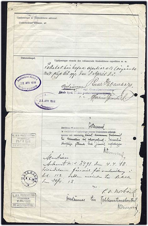 10 öre Gustaf stemplet Malmö d. 18.4.1918 på Reklamations-blanket for bortkommet pakke med opkrævning. Folder og noget medtaget. 
