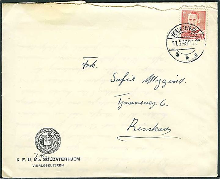 20 øre Fr. IX på KFUM Soldaterhjem kuvert annulleret med vanskeligt brotype IIc Værløselejren d. 11.2.1949 til Risskov.