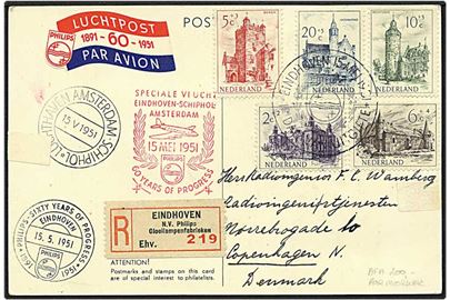 Rec. luftpost postkort fra Amsterdam, Holland, d. 15.5.1951 til København.
