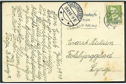 15 øre Fr. IX på brevkort fra Vejle d. 22.12.1948 til Lynge. Ank.stemplet brotype IIc Vassingerød d. 25.12.1948.