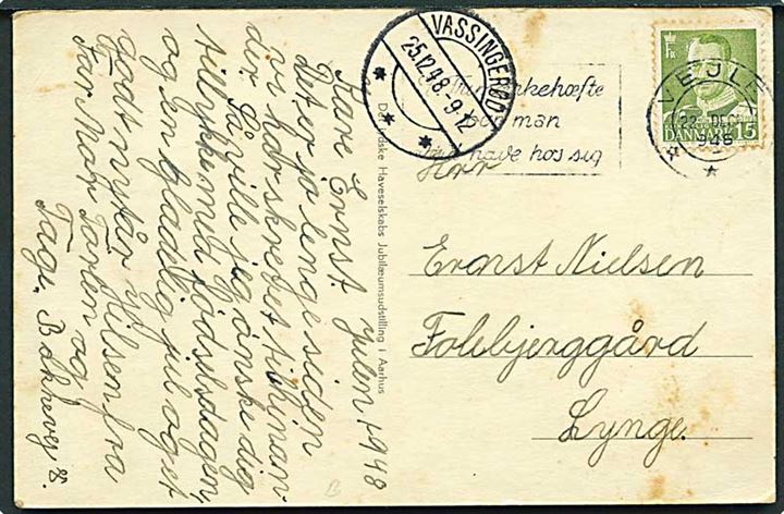 15 øre Fr. IX på brevkort fra Vejle d. 22.12.1948 til Lynge. Ank.stemplet brotype IIc Vassingerød d. 25.12.1948.
