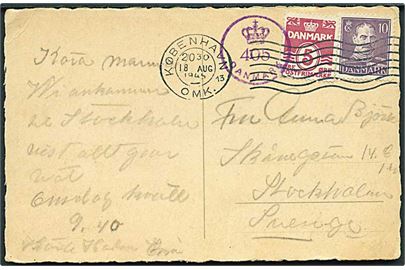 5 øre Bølgelinie og 10 øre Chr. X på brevkort fra København d. 18.8.1945 til Stockholm, Sverige. Dansk efterkrigscensur (krone)/405/Danmark.