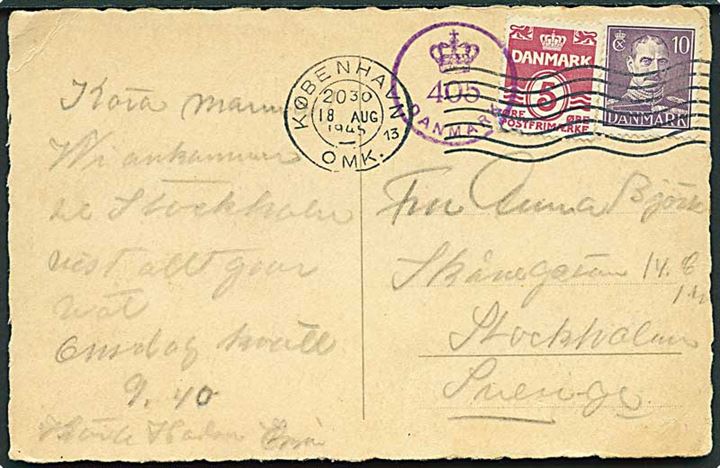 5 øre Bølgelinie og 10 øre Chr. X på brevkort fra København d. 18.8.1945 til Stockholm, Sverige. Dansk efterkrigscensur (krone)/405/Danmark.