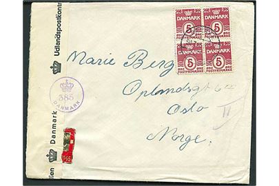 5 øre Bølgelinie i fireblok og Chr. X mærkat på brev fra Næsby F. d. 30.7.1945 til Oslo, Norge. Åbnet af dansk efterkrigscensur (krone)/385/Danmark.