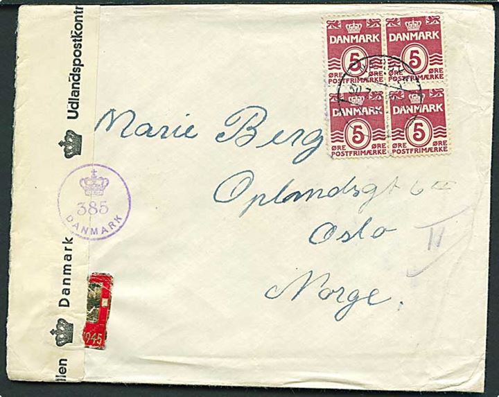 5 øre Bølgelinie i fireblok og Chr. X mærkat på brev fra Næsby F. d. 30.7.1945 til Oslo, Norge. Åbnet af dansk efterkrigscensur (krone)/385/Danmark.