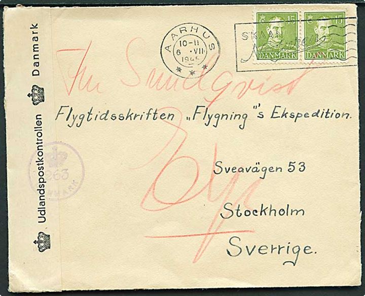 15 øre Chr. X (2) på brev fra Aarhus d. 6.7.1945 til Stockholm, Sverige. Åbnet af dansk efterkrigscensur (krone)/263/Danmark.