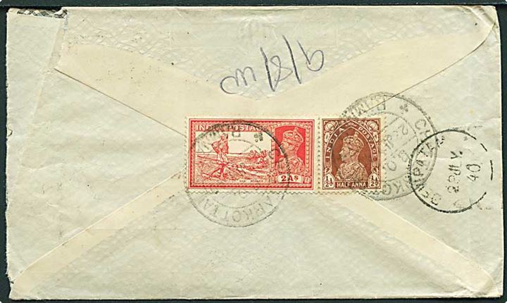 ½ a. og 2 as. George VI på bagsiden af brev fra Chittarkottai d. 23.7.1940 til Salak Bernam, Malaya. Rammestempel: Not opened by Censor.