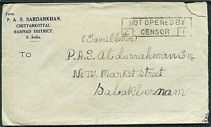 ½ a. og 2 as. George VI på bagsiden af brev fra Chittarkottai d. 23.7.1940 til Salak Bernam, Malaya. Rammestempel: Not opened by Censor.