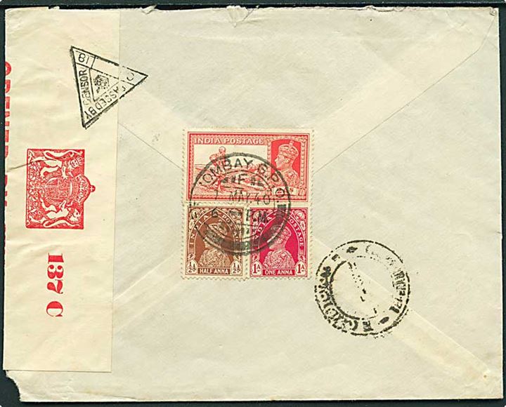 ½ a., 1 a. og 2 as. George VI på bagsiden af brev fra Bombay d. 1.5.1940 til Teheran, Iran. Åbnet af indisk censur.