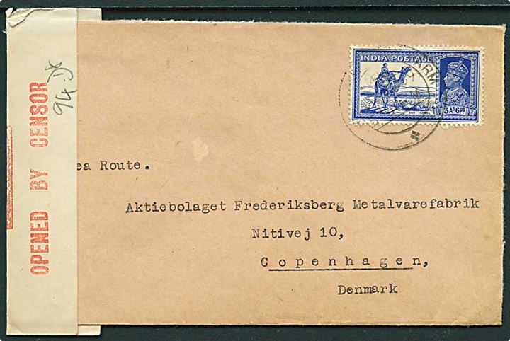 3 As. 6 Ps. George VI på brev fra Aligarh med svagt stempel ca. 20.12.1939 til København, Danmark. Åbnet af indisk censur.