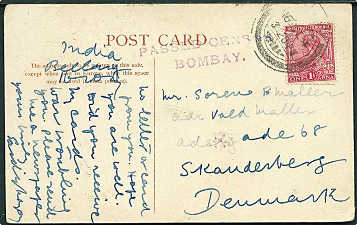 1 Anna George V på brevkort fra Bellary d. 16.10.1914 til Skanderborg, Danmark. Violet: Passed Censor / Bombay.