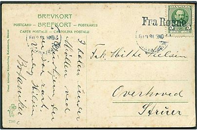 5 øre Fr. VIII på brevkort annulleret med liniestempel Fra Rønne og sidestemplet Kjøbenhavn d. 18.6.1909. til Struer.