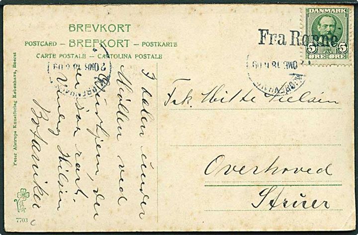 5 øre Fr. VIII på brevkort annulleret med liniestempel Fra Rønne og sidestemplet Kjøbenhavn d. 18.6.1909. til Struer.
