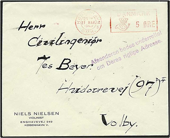 Frankostemplet brev fra København d. 27.3.1943 til Valby. 2 liniestempel angående rigtig adresse.