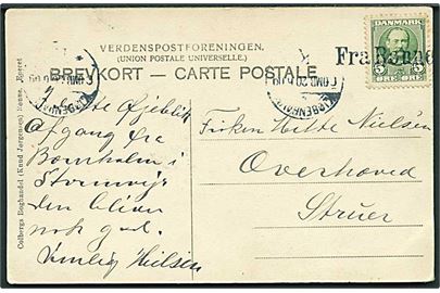 5 øre Fr. VIII på brevkort annulleret med liniestempel Fra Rønne og sidestemplet Kjøbenhavn d. 20.6.1909 til Struer.