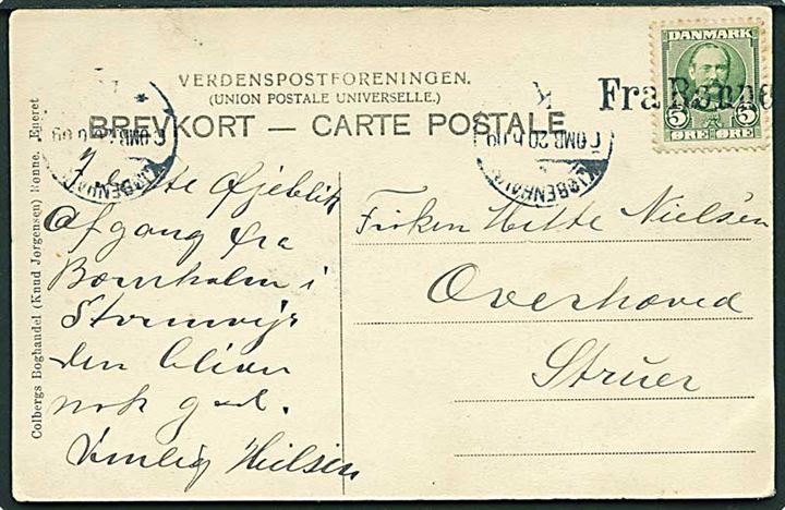 5 øre Fr. VIII på brevkort annulleret med liniestempel Fra Rønne og sidestemplet Kjøbenhavn d. 20.6.1909 til Struer.