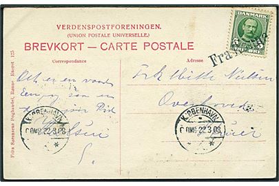 5 øre Fr. VIII på brevkort annulleret med liniestempel Fra Rønne og sidestemplet Kjøbenhavn d. 22.3.1908 til Struer.
