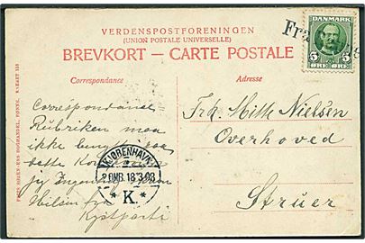 5 øre Fr. VIII på brevkort annulleret med liniestempel Fra Rønne og sidestemplet Kjøbenhavn d. 18.3.1908 til Struer.