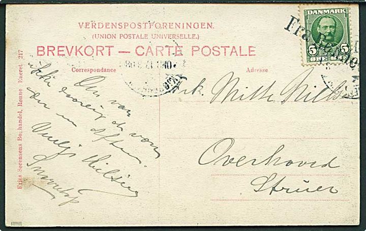 5 øre Fr. VIII på brevkort annulleret med liniestempel Fra Rønne og sidestemplet Kjøbenhavn d. 17.3.1908 til Struer.