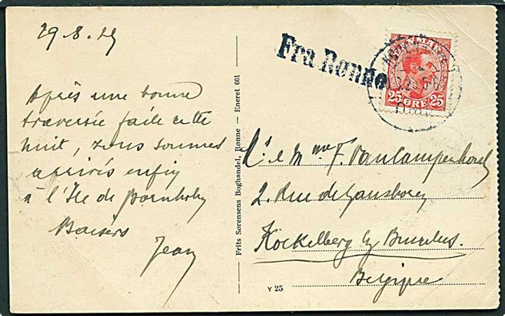 25 øre Chr. X på brevkort fra Bornholm annulleret København d. 30.8.1925 og sidestemplet Fra Rønne til Kockelberg pr. Bruxelles, Belgien.