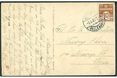 10 øre Bølgelinie på brevkort fra Møens Klint annulleret med svagt bureaustempel Masnedsund - Kallehave T.9 d. 9.3.1932 til Naarup St., Fyn.