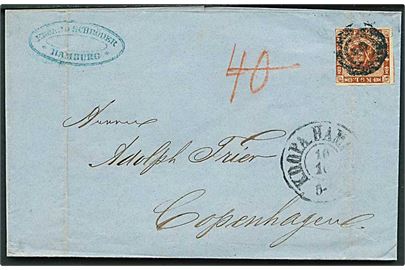 4 sk. 1858 udg. på brev annulleret med nr.stempel 2 og sidestemplet K.D.O.P.A. Hamburg d. 10.10.1859 til Kjøbenhavn. Påskrevet 40 med rødkridt, som er overstreget.