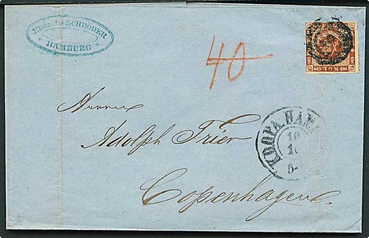 4 sk. 1858 udg. på brev annulleret med nr.stempel 2 og sidestemplet K.D.O.P.A. Hamburg d. 10.10.1859 til Kjøbenhavn. Påskrevet 40 med rødkridt, som er overstreget.