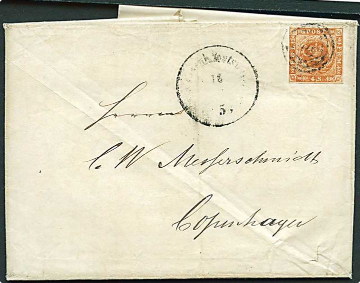 4 sk. 1854 udg. på brev med indhold dateret Altona d. 16.1.1858 annulleret med svagt nr.stempel 168 og sidestemplet svagt Holst: Eisenb: Postsp:Bureau d. 18.1.1858 til Kjøbenhavn. 