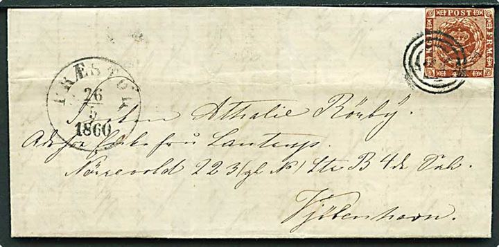 4 sk. 1858 udg. på brev med indhold dateret i Snesere annulleret med nr.stempel 52 og sidestemplet antiqua Præstøe d. 26.5.1860 til Kjøbenhavn.