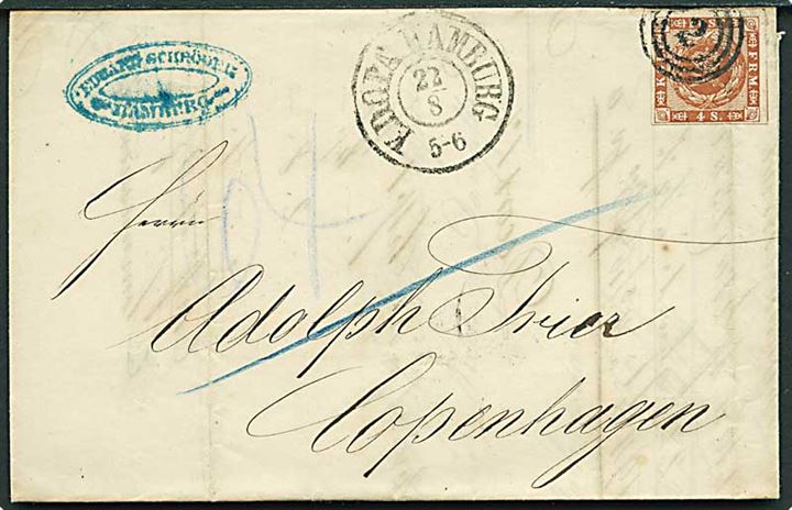4 sk. 1858 udg. på brev annulleret med nr.stempel 2 og sidestemplet K.D.O.P.A. Hamburg d. 22.8.1861 til København.