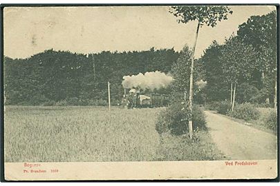 Lokomotiv kommer kørende ved Fredskoven i Bogense. Fr. Svendsen no. 1059. 