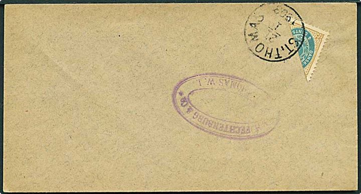 Halveret 4 cent Tofarvet på lokalbrev i St. Thomas d. 21.1.1903.