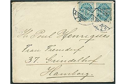 20 øre Våben i parstykke på brev fra Kjøbenhavn d. 6.11.1902 til Hamburg, Tyskland.