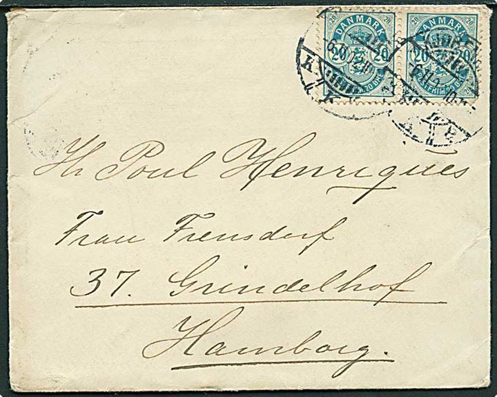 20 øre Våben i parstykke på brev fra Kjøbenhavn d. 6.11.1902 til Hamburg, Tyskland.