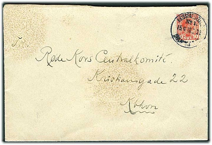 10 øre Chr. X på brev annulleret med brotype IIIb Krigsfangelejr No. 1 Danmark d. 15.4.1918 til Røde Kors i København. Fra Lazaretlejren i Horserød pr. Helsingør.