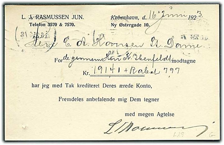 8 øre helsagsbrevkort (fabr. 66-H) opfrankeret med 5 øre Bølgelinie med perfin LJR og 2 øre Bølgelinie fra firma L.J.Rasmussen Jun. i København d. 16.6.1923 til St. Dame pr. Askeby.