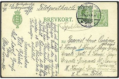 5 øre grøn enkeltbrevkort opfrankeret med 5 øre grøn Chr. X som feltpostkort fra København d. 26.10.1914 til Tyskland.