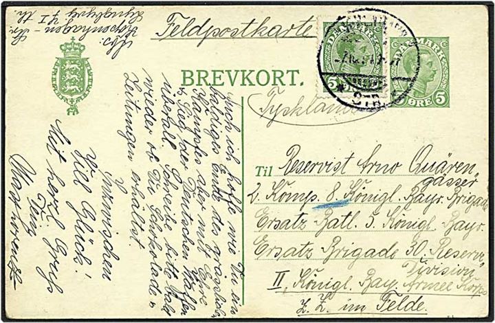 5 øre grøn enkeltbrevkort opfrankeret med 5 øre grøn Chr. X som feltpostkort fra København d. 26.10.1914 til Tyskland.