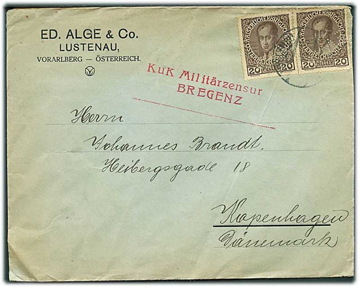 20 h. Ferdinand I i parstykke med perfin E.A.& Co. på firmakuvert fra Ed. Alge & Co. i Lustenau d. x.6.1915 til København, Danmark. Rødt censurstempel KuK Militärzensur Bregenz.