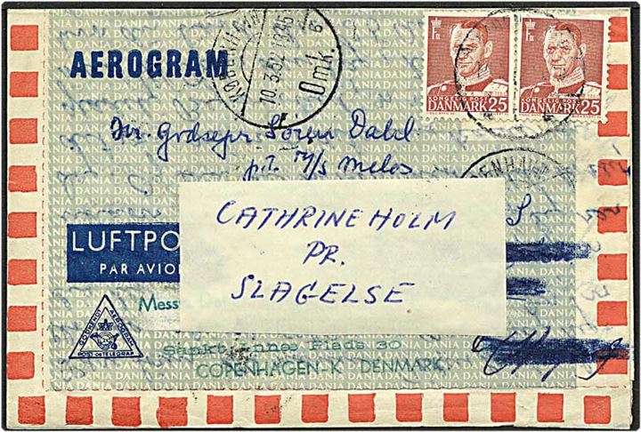 25 øre rød Fr. IX på aerogram fra Farendløse d. 14.2.1952. Aerogrammet returneret.
