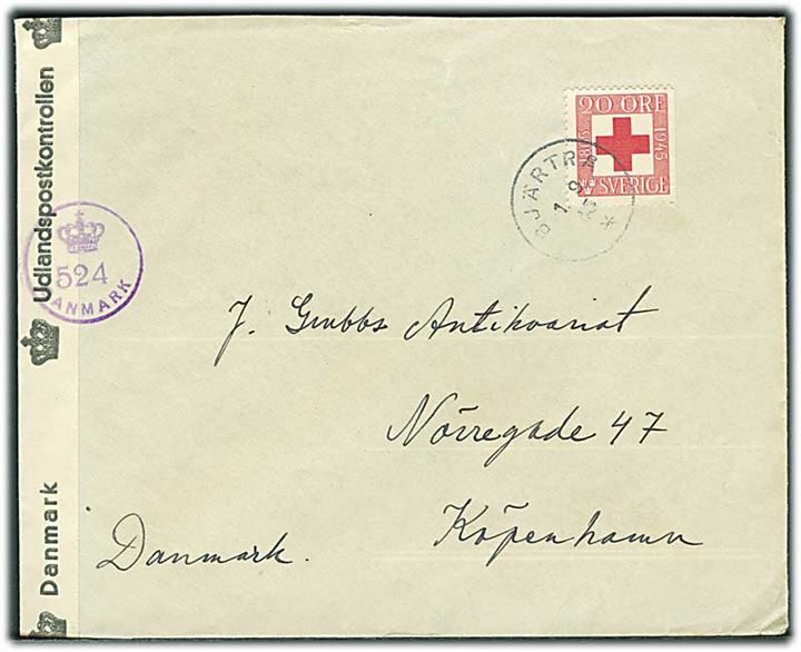 20 öre Røde Kors på brev fra Bjärtrå d. 1.9.1945 til København, Danmark. Åbnet af dansk efterkrigscensur (krone)/524)/Danmark.