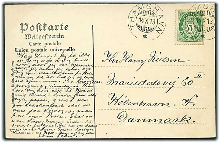 5 øre Posthorn på brevkort annulleret med brotype stempel Thamshavn d. 14.10.1913 til København, Danmark.
