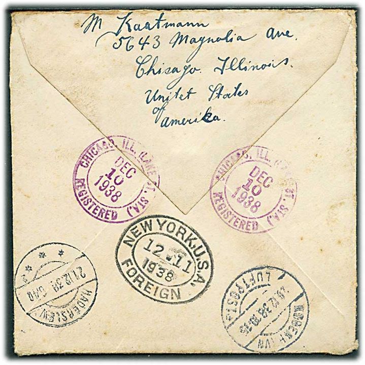 31 cents blandingsfrankeret anbefalet luftpostbrev med modtagelsesbevis fra Chicago d. 10.12.1938 via New York og København til Haderslev, Danmark. Påskrevet: (Airmail) to New York and in Europe.